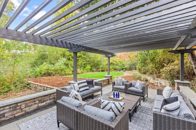 view of patio featuring an outdoor hangout area and a pergola