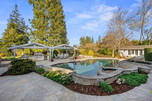 view of pool featuring a patio, area for grilling, and grilling area