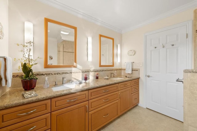 bathroom with vanity, decorative backsplash, and ornamental molding