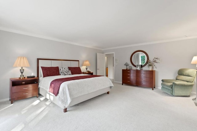 carpeted bedroom with crown molding