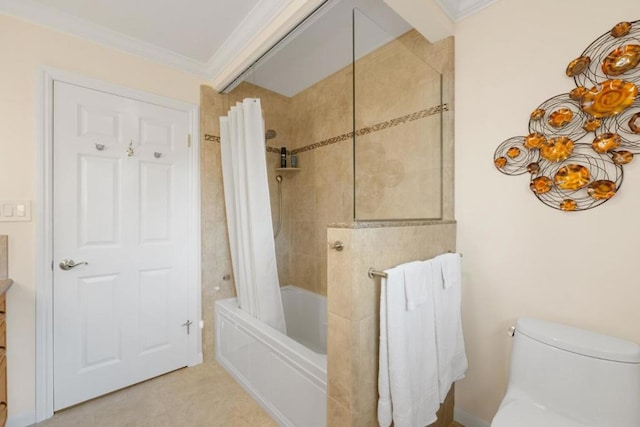 bathroom featuring toilet, ornamental molding, and shower / bath combo with shower curtain