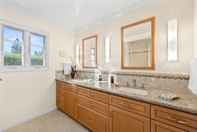 bathroom with vanity and ornamental molding