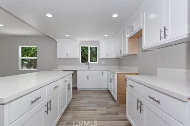 kitchen with white cabinetry, plenty of natural light, sink, and light hardwood / wood-style flooring