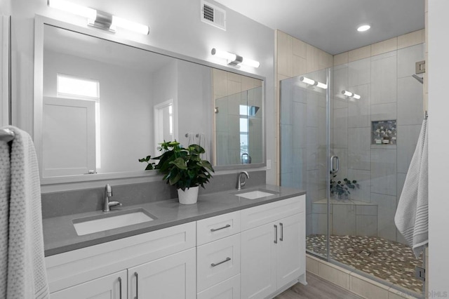 bathroom featuring vanity and a shower with shower door