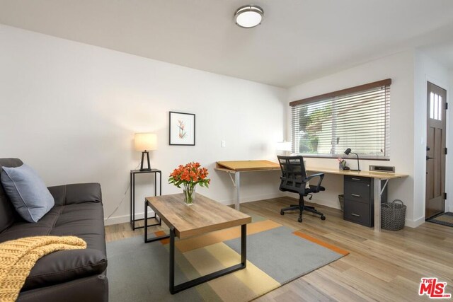 office area with light hardwood / wood-style flooring