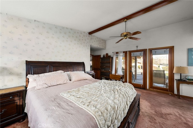 carpeted bedroom featuring vaulted ceiling with beams, access to exterior, and ceiling fan