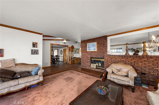 living room featuring crown molding, carpet floors, and a brick fireplace