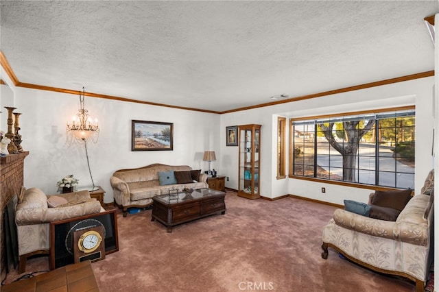 living room featuring crown molding, carpet flooring, an inviting chandelier, and a textured ceiling