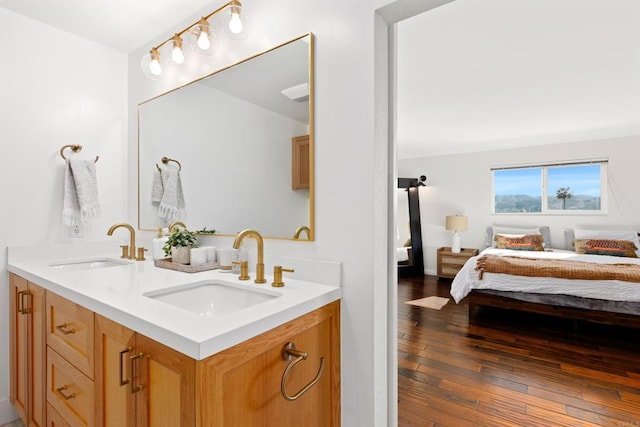 bathroom with hardwood / wood-style flooring and vanity