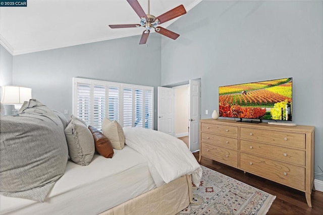 bedroom featuring dark hardwood / wood-style flooring, high vaulted ceiling, ornamental molding, and ceiling fan