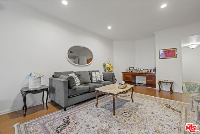 living room with ornamental molding and light hardwood / wood-style flooring