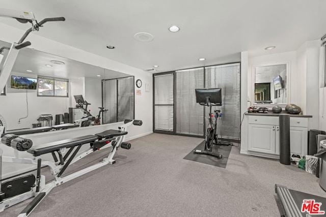 workout area featuring light colored carpet