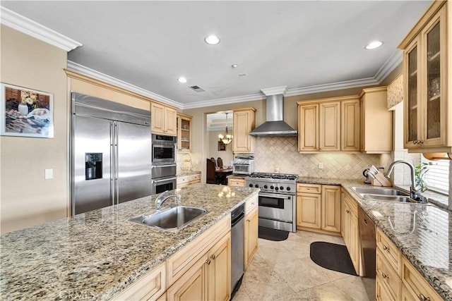 kitchen featuring wall chimney exhaust hood, light stone countertops, sink, and premium appliances