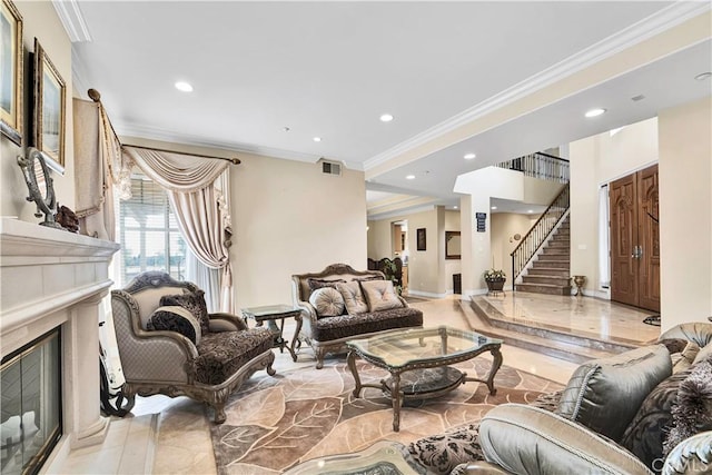 living room featuring ornamental molding