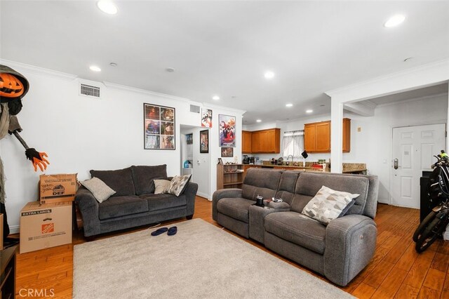 living room featuring wood-type flooring, sink, and crown molding