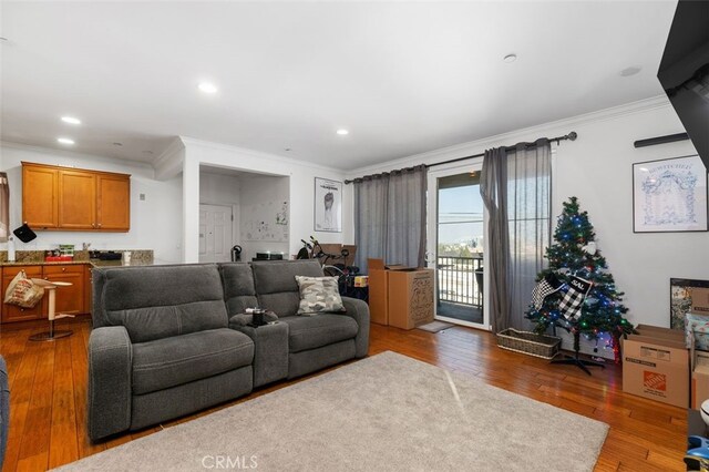 living room with dark wood-type flooring and crown molding