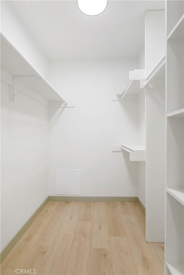 walk in closet with light hardwood / wood-style flooring