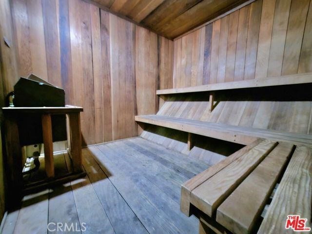 view of sauna featuring hardwood / wood-style floors