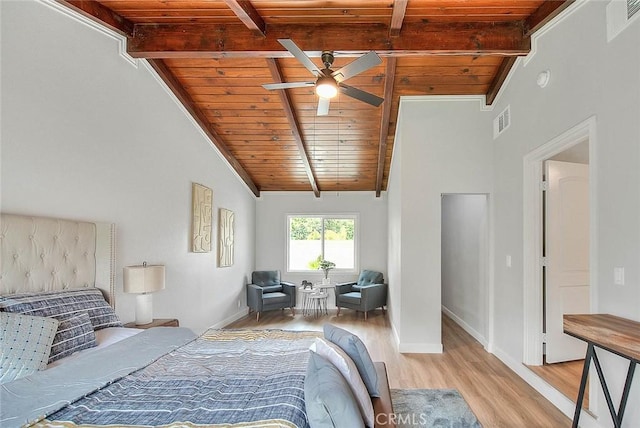 bedroom featuring vaulted ceiling with beams, wooden ceiling, and light wood-type flooring