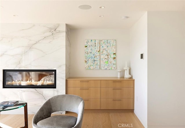 living area featuring a fireplace and light wood-type flooring