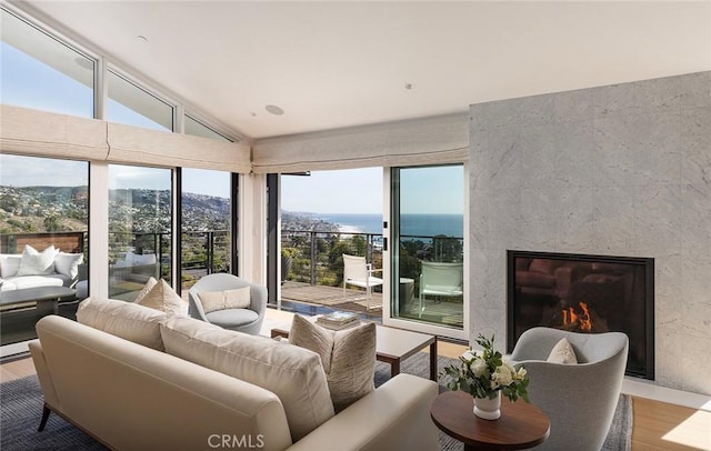 living room featuring a water view, a fireplace, light hardwood / wood-style floors, and vaulted ceiling