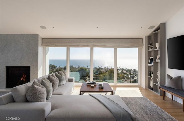 living room featuring a high end fireplace, light hardwood / wood-style floors, and a water view