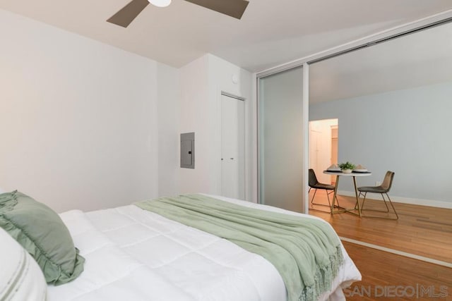 bedroom featuring wood-type flooring, electric panel, and ceiling fan