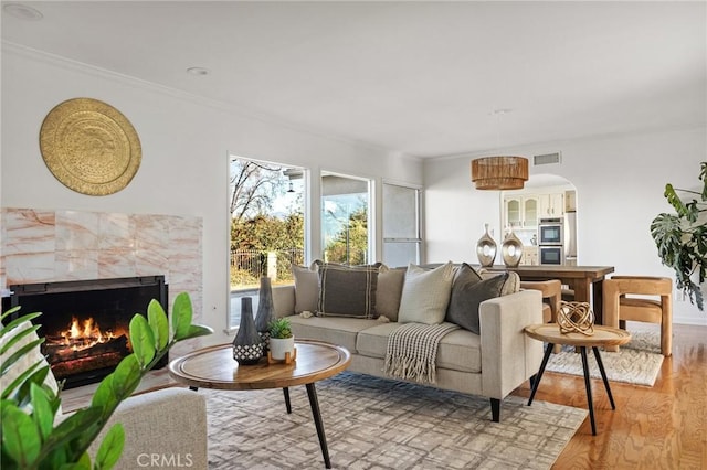 living room featuring light hardwood / wood-style flooring, crown molding, and a fireplace