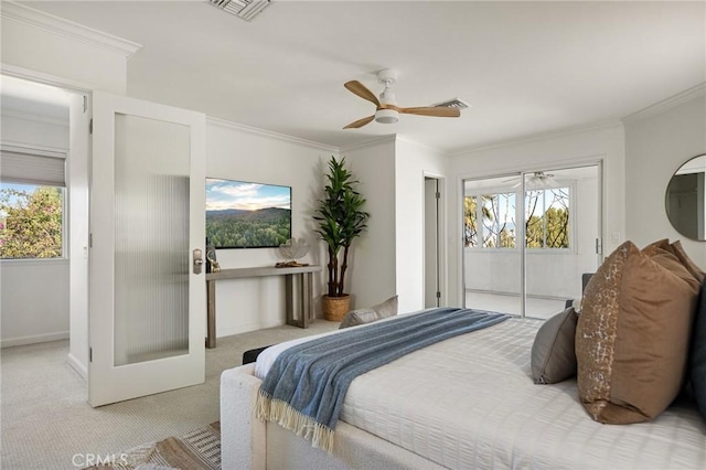 bedroom with ceiling fan, light colored carpet, ornamental molding, and access to outside