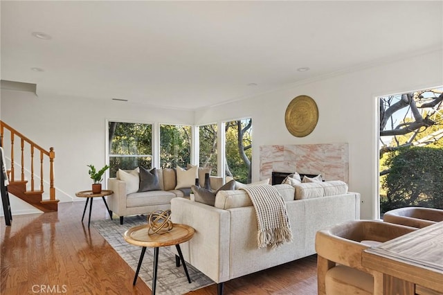 living room with wood-type flooring and a high end fireplace