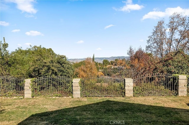 exterior space featuring a mountain view and a yard