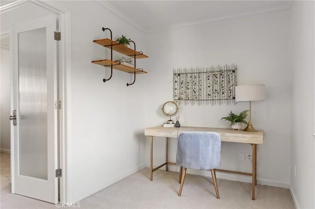 carpeted office with crown molding