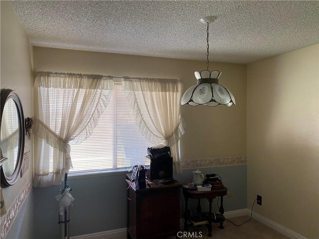 home office with carpet floors and a textured ceiling