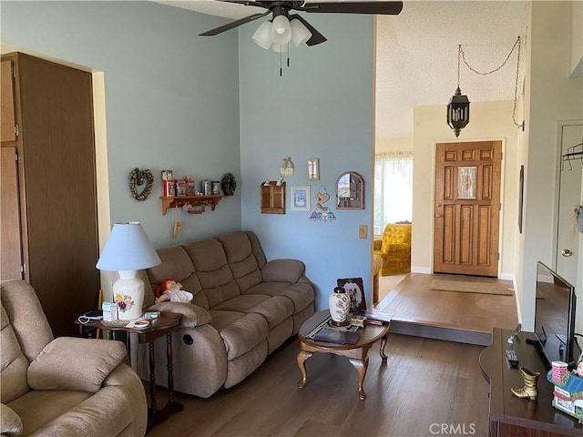 living room with ceiling fan and wood-type flooring