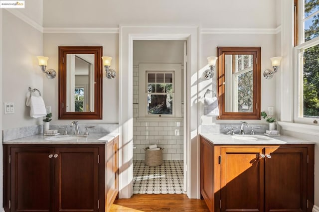 bathroom with crown molding, vanity, and hardwood / wood-style floors