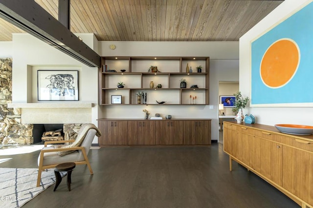 sitting room with wood ceiling and dark hardwood / wood-style floors