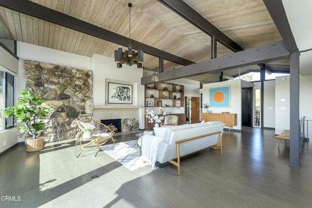 living room with hardwood / wood-style floors, wood ceiling, a premium fireplace, and beamed ceiling