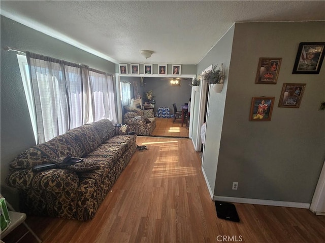 living room featuring hardwood / wood-style flooring and a textured ceiling