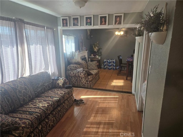 living room featuring hardwood / wood-style floors and ceiling fan