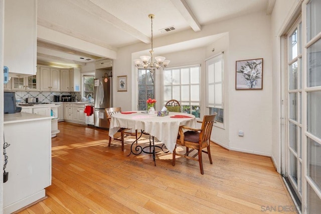 dining space with an inviting chandelier, plenty of natural light, beam ceiling, and light hardwood / wood-style flooring