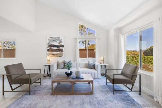 sitting room with high vaulted ceiling and light hardwood / wood-style floors