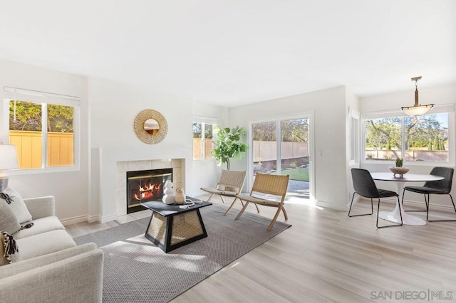 living room featuring a tiled fireplace and light wood-type flooring