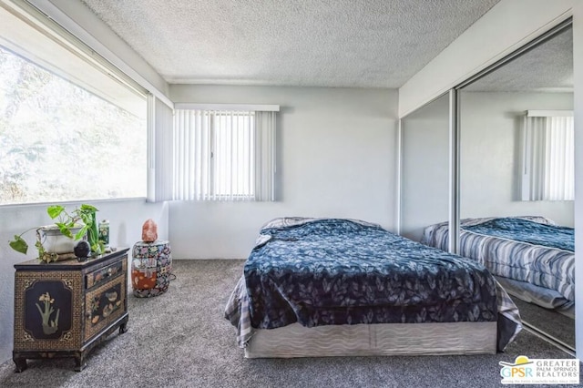 carpeted bedroom with a textured ceiling