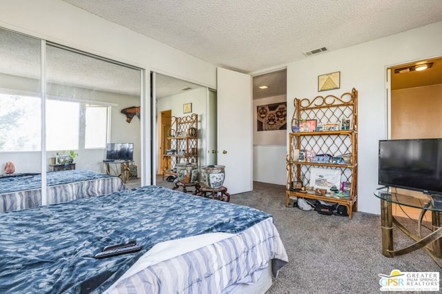 bedroom with multiple closets, carpet, and a textured ceiling