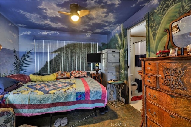 bedroom with ceiling fan and carpet floors