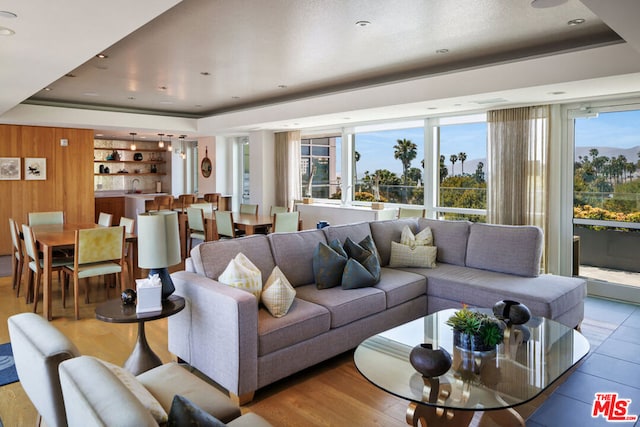 living room featuring a tray ceiling, a wealth of natural light, and wooden walls