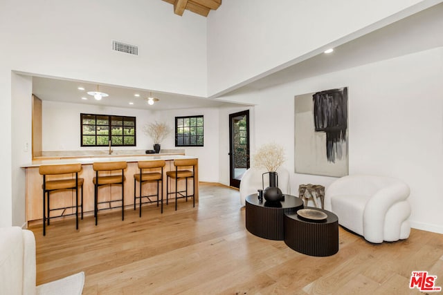 living room featuring a high ceiling and light hardwood / wood-style flooring