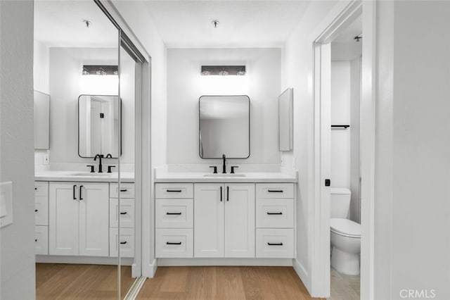 bathroom with vanity, toilet, and hardwood / wood-style floors