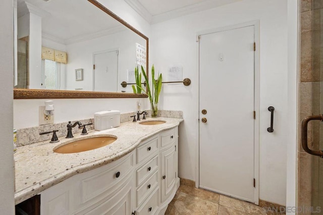 bathroom featuring vanity, an enclosed shower, and ornamental molding