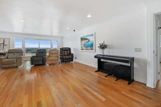 living room featuring crown molding and light hardwood / wood-style floors